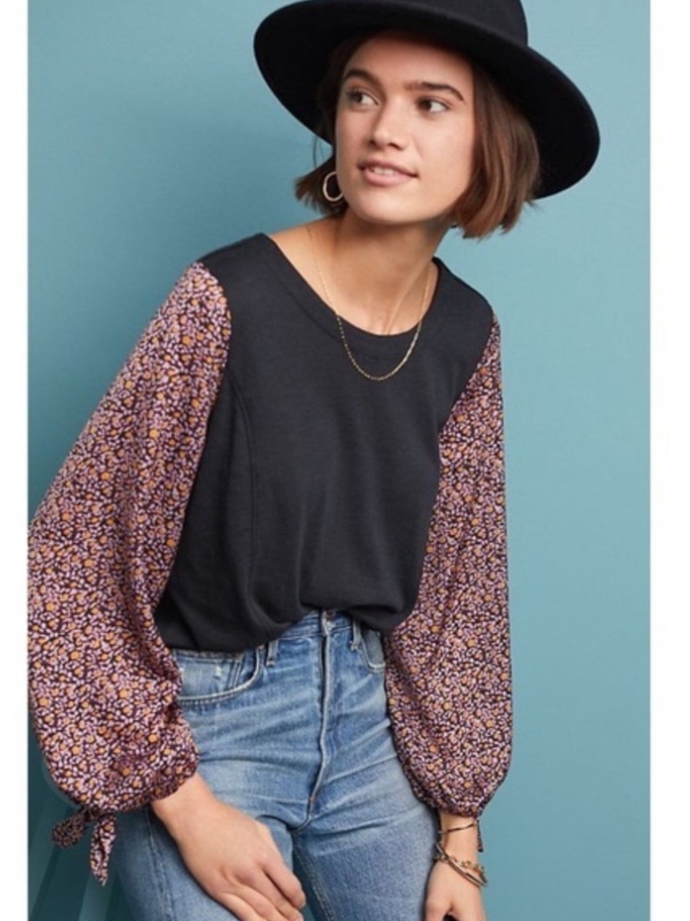 Anthropologie Maybelle Floral Mixed Media Balloon Sleeve Top Black XL
